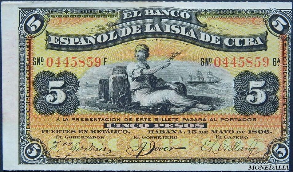 CUBA - 5 PESOS - 1896 - PICK 48 - BILLETE BANCO ESPAÑOL ISLA DE CUBA - MBC