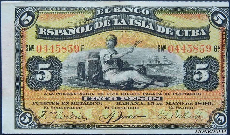 CUBA - 5 PESOS - 1896 - PICK 48 - BILLETE BANCO ESPAÑOL ISLA DE CUBA - BC