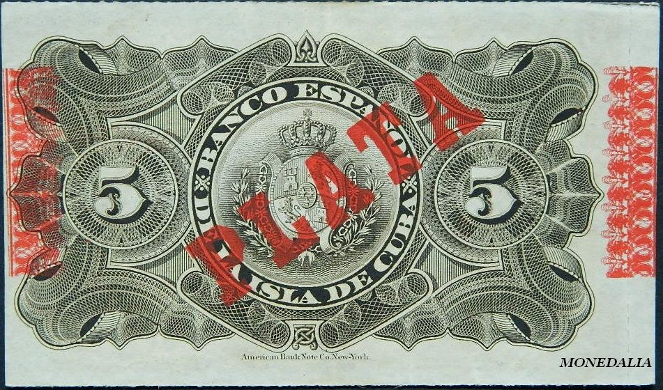 CUBA - 5 PESOS - 1896 - PICK 48 - BILLETE BANCO ESPAÑOL ISLA DE CUBA - MBC