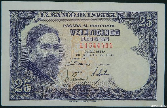 1954 - ESPAÑA -  BILLETE - 25 PESETAS - MBC