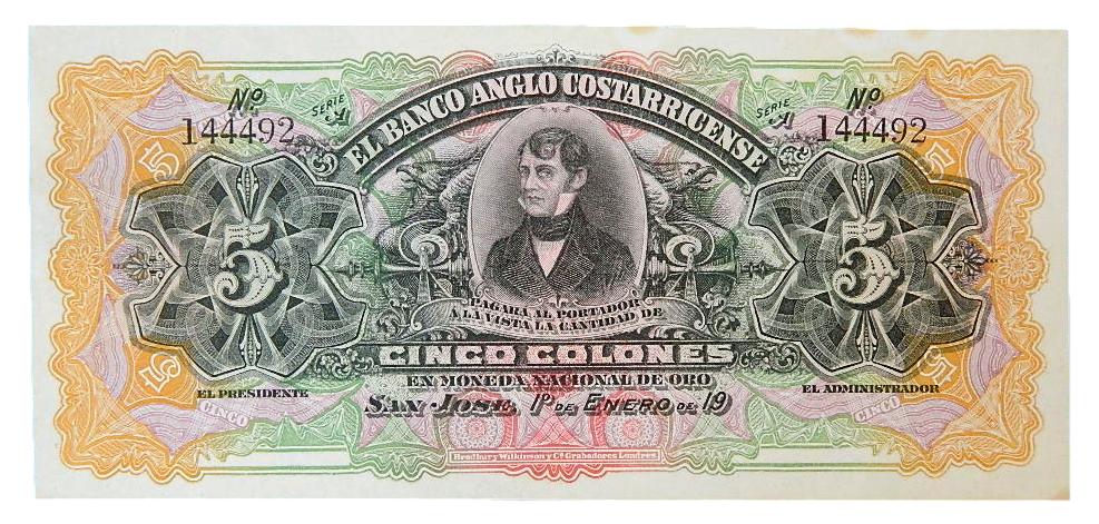 COSTA RICA - BILLETE - 5 COLONES - BANCO ANGLO COSTARRICENSE