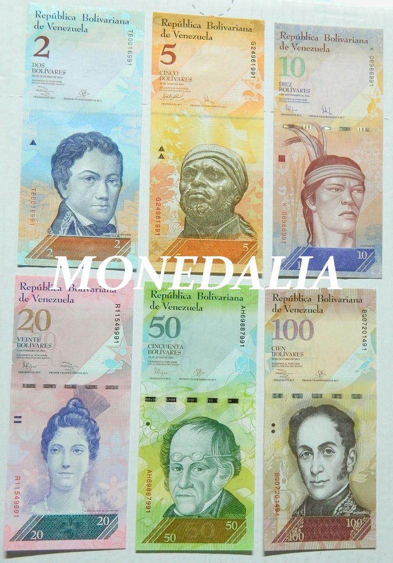 LOTE 6 BILLETES VENEZUELA - 2, 5, 10, 20, 50 Y 100 BOLIVARES