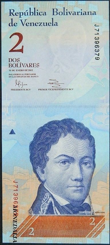 2012 - VENEZUELA - BILLETE -  2 BOLIVARES - FRANCISCO DE MIRANDA - UNC