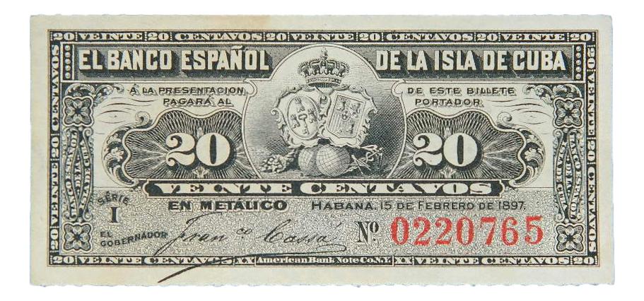 1897 - CUBA - 20 CENTAVOS - BILLETE
