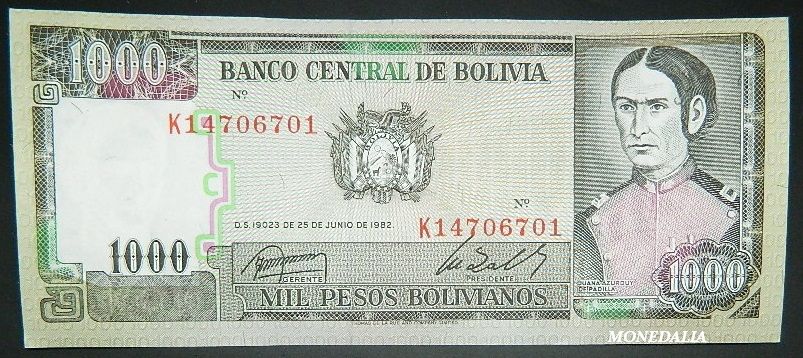1982 - BOLIVIA - BILLETE - 1000 PESOS BOLIVIANOS - SC