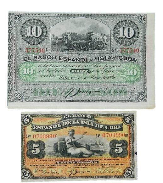 1896 - CUBA - LOTE 2 BILLETES - 10 y 5 PESOS