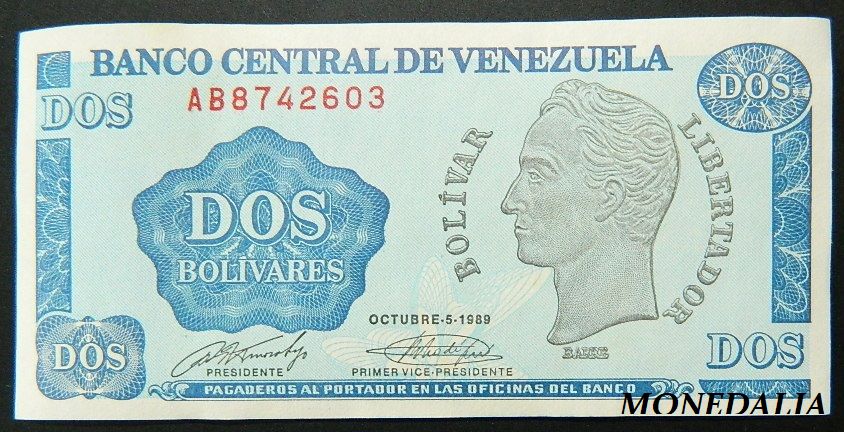 1989 - VENEZUELA - BILLETE - 2 BOLÍVARES - PICK 69