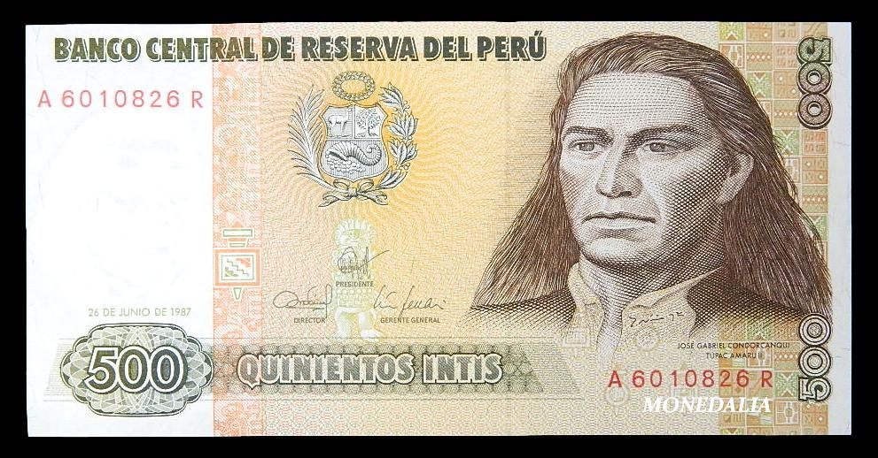 1987 - PERU - BILLETE - 500 INTIS - PICK 134b - SC