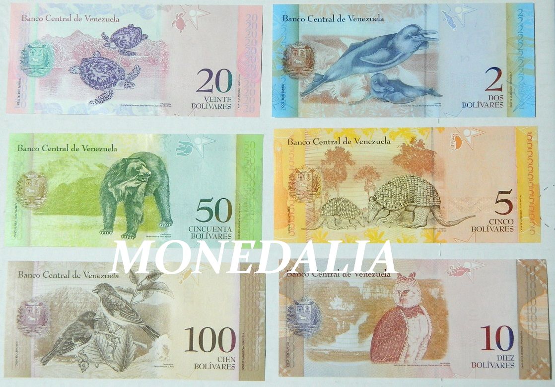 LOTE 6 BILLETES VENEZUELA - 2, 5, 10, 20, 50 Y 100 BOLIVARES