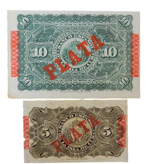 1896 - CUBA - LOTE 2 BILLETES - 10 y 5 PESOS