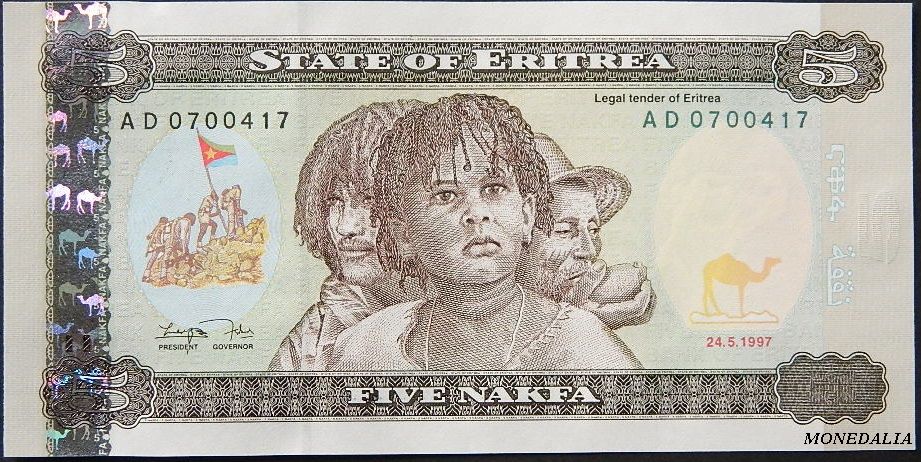 1997 - ERITREA - BILLETE - 5 NAKFA - PICK 2 - SC