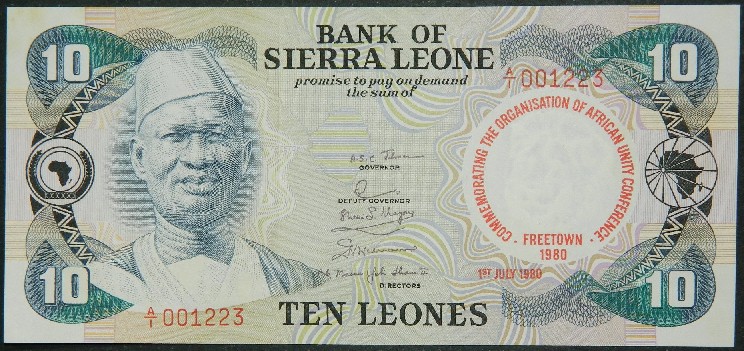 1980 - SIERRA LEONA - BILLETE - 10 LEONES - PICK 13 - SC-