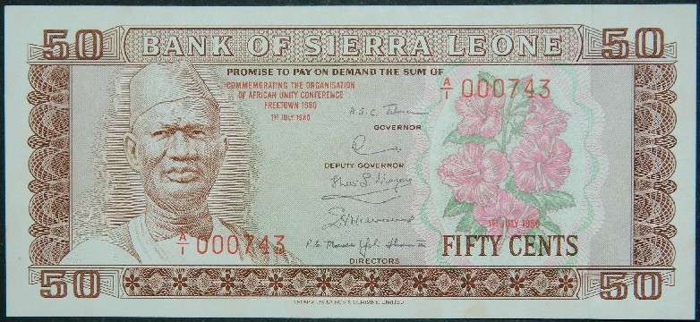 1980 - SIERRA LEONA - BILLETE - 50 CENTS - PICK 9 - EBC