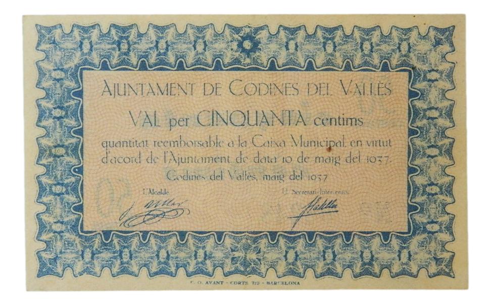 Ajuntament de Codines del Vallés, 50 ctms. 10 de maig  1937 - AT-840 - EBC