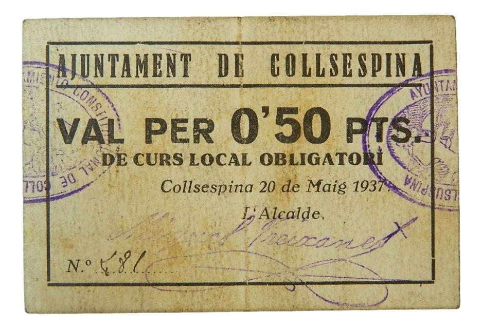 Ajuntament de Collsespina, 0,50 pts. 20 de maig 1937 - AT-861 - MBC