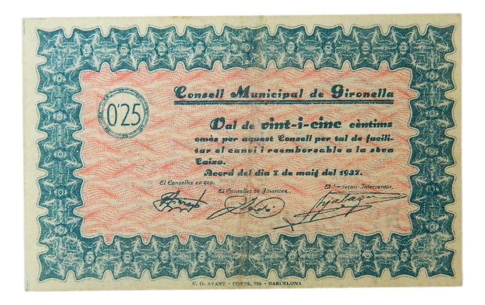 Consell Municipal de Gironella,0,25 ptas.7 de maig de 1937 - AT-1129 - EBC 