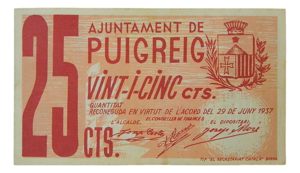 Ajuntament de Puigreig , 1 pta. 29 juny 1937 - AT-2043 - EBC-