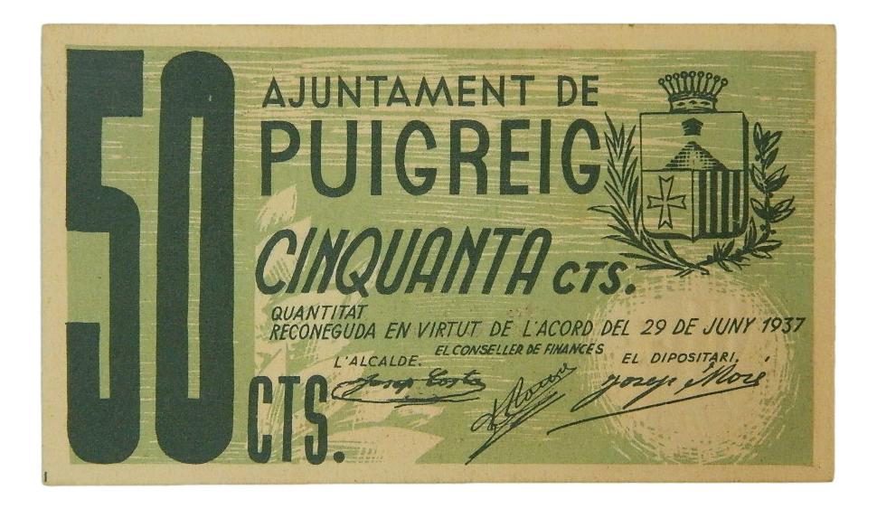 Ajuntament de Puigreig , 50 cts. 29 juny 1937 - AT-2042 - SC