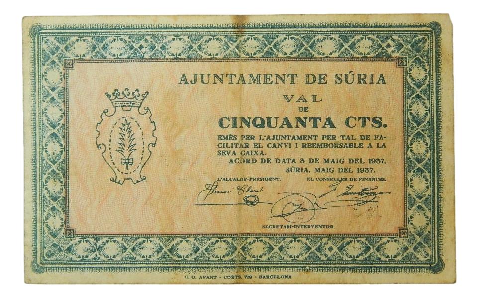Ajuntament de Suria, 50 ctms. Maig del 1937 - AT-2417 - MBC