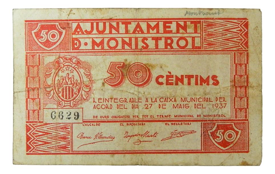 Ajuntament de Monistrol, 50 ctms.27 de maig del 1937 - AT-1527 - MBC