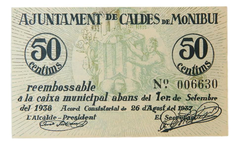 Ajuntament de Caldes de Montbui,50 ctms. 26 agost del 1937 - AT-598 - SC