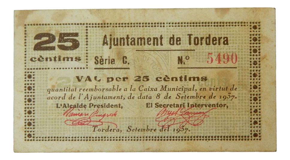 Ajuntament de Tordera, 25 ctms. 8 de setembre del 1937 - AT-2512 - MBC