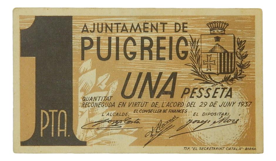 Ajuntament de Puigreig , 1 pta. 29 juny 1937 - AT-2041 - SC