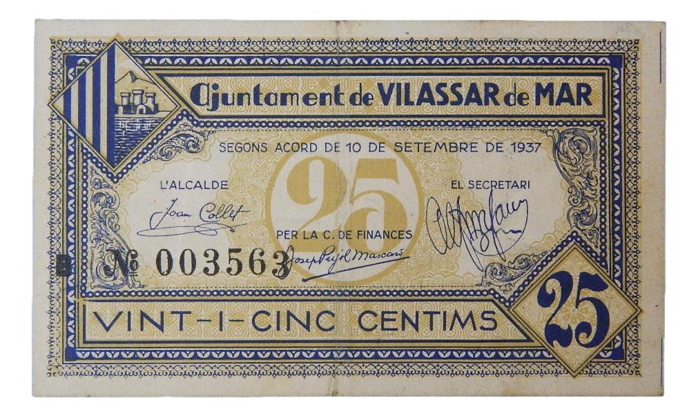 Ajuntament de Vilasar de Mar,25 cts. 10 de setembre del 1937 - AT-2890 - MBC