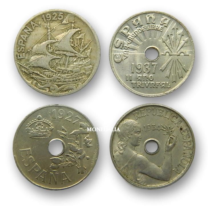 LOTE 4 MONEDAS DE 25 CENTIMOS 1925, 1927, 1934, 1937