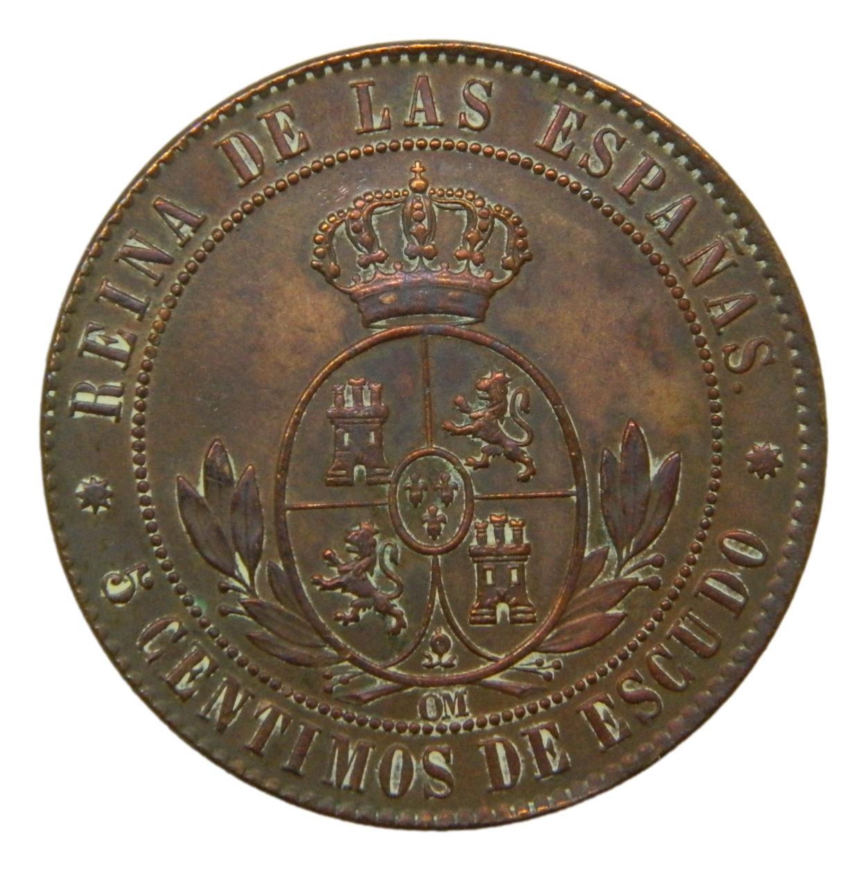 1868 OM - ISABEL II - 5 CENTIMOS DE ESCUDO - BARCELONA