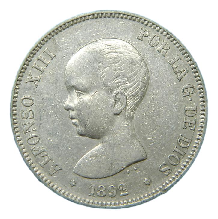 1892 *18-92 - ALFONSO XIII - 5 PESETAS - PGM -  PLATA