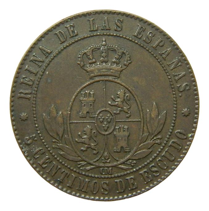 1867 OM - ISABEL II - 5 CENTIMOS DE ESCUDO - BARCELONA
