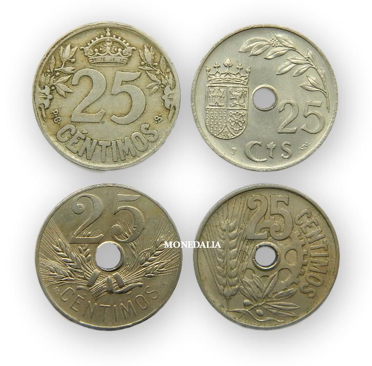 LOTE 4 MONEDAS DE 25 CENTIMOS 1925, 1927, 1934, 1937