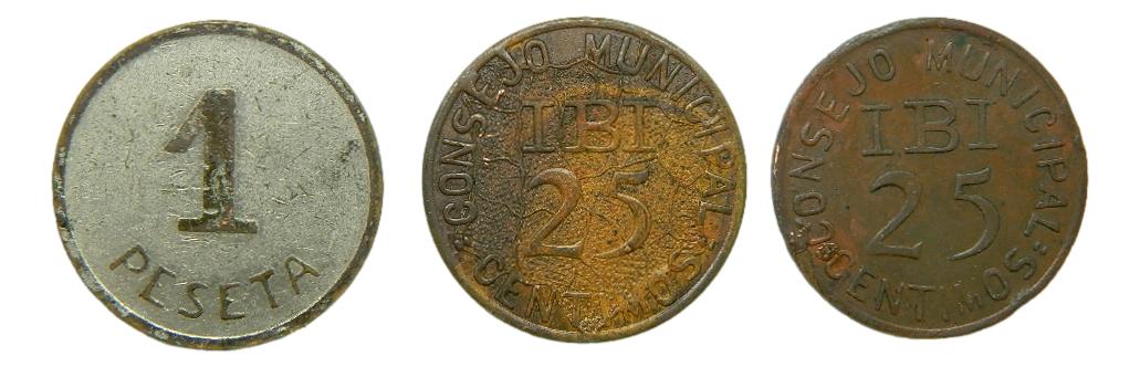 CONSEJO MUNICIPAL DE IBI - SERIE 3 MONEDAS -  1937 - ALICANTE - 25 CENTIMOS Y 1 PESETA