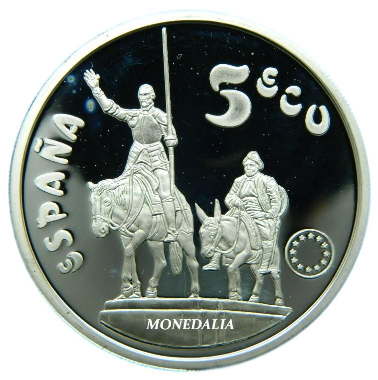 1994 - ESPAÑA - 5 ECU - CERVANTES - DON QUIJOTE Y SANCHO - 5 ECUS - 1 OZ PLATA