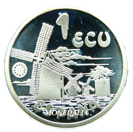 1994 - ESPAÑA - 1 ECU - CERVANTES - DON QUIJOTE DE LA MANCHA Y LOS MOLINOS - PLATA