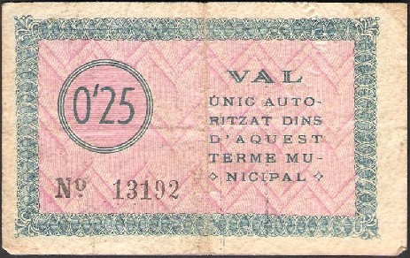 GIRONELLA - 25 CÉTNIMS - 1937 - 25 CENTIMOS - BILLETE LOCAL - BILLETE DEL PUEBLO