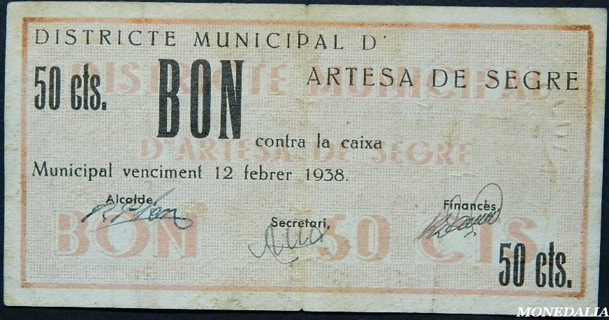 ARTESA DE SEGRE - 50 CENTIMS - 1938 - T 291