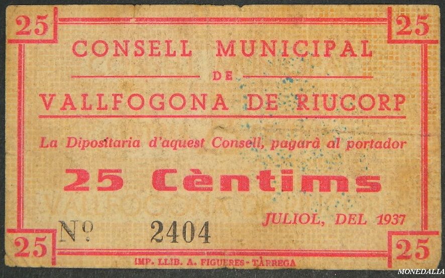 VALLFOGONA DE RIUCORP - 25 CENTIMS - 1937