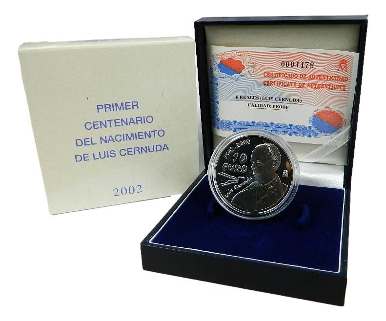 2002 - ESPAÑA - 10 EURO - LUIS CERNUDA - PLATA PROOF - 10 EUROS